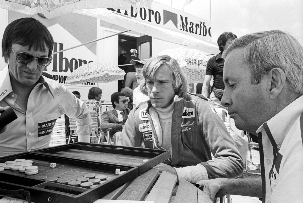 Then Brabham team owner Bernie Ecclestone (left) plays backgammon in the paddock with Hunt at the 1977 Spanish Grand Prix in Jarama. Ecclestone is now the longtime CEO of Formula One.   
