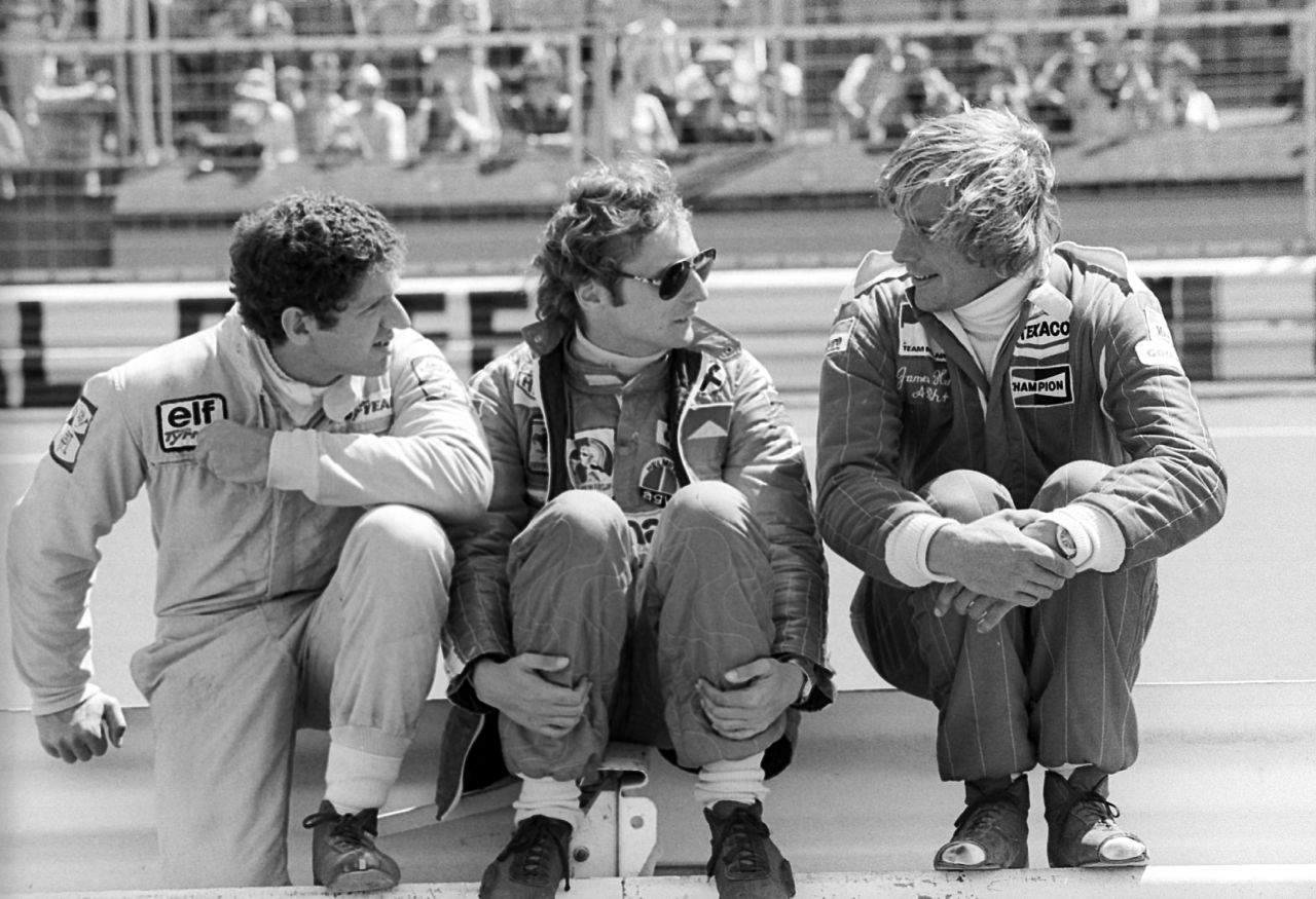 South African driver Jody Scheckter (left) talks with Lauda and  Hunt before the fateful 1976 German Grand Prix. Lauda was involved in a serious crash at the Nurburgring which left him with life-threatening injuries and extensive burns. Incredibly, the Austrian recovered and returned to action six weeks later at the Italian Grand Prix.