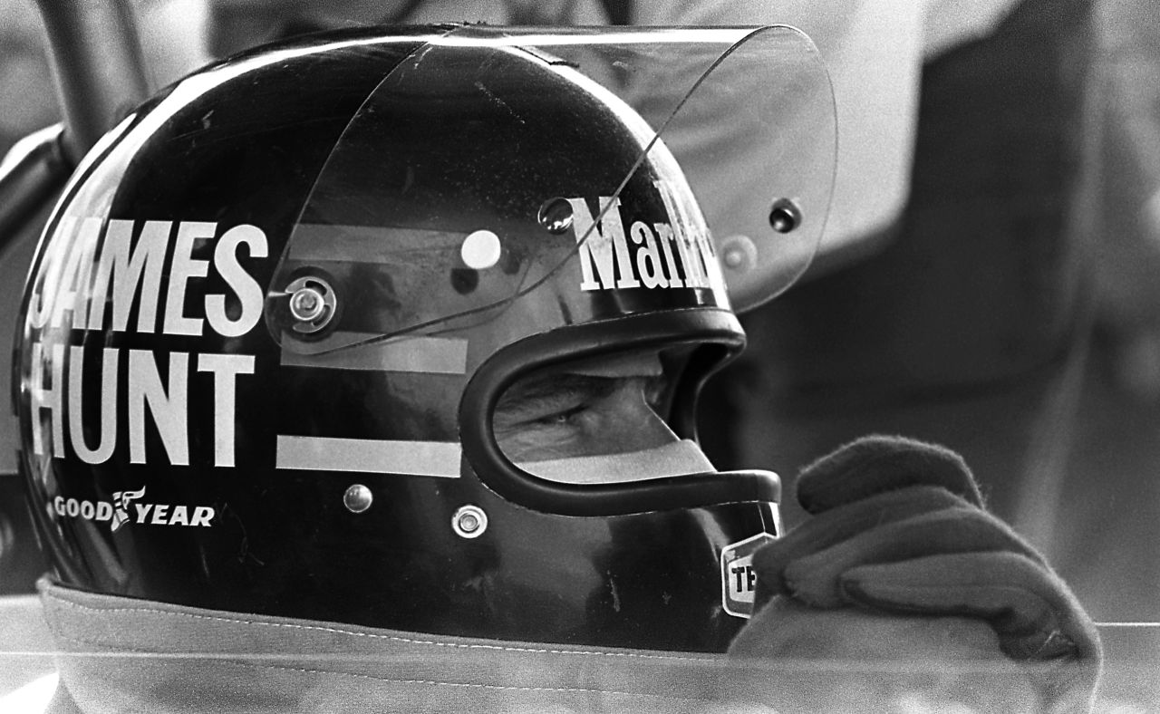 Hunt peers through the visor of his famous helmet at the 1976 Swedish Grand Prix in Anderstorp.