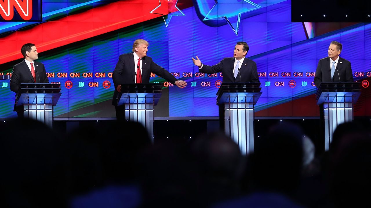 Republican presidential candidates Sen. Marco Rubio, Donald Trump, Sen. Ted Cruz and Ohio Gov. John Kasich <a href="http://www.cnn.com/2016/03/11/politics/republican-debate-takeaways/index.html" target="_blank">debate on the campus of the University of Miami </a>on Thursday, March 10, in Coral Gables, Florida. The candidates continue to campaign before the March 15 primaries in Florida and elsewhere.