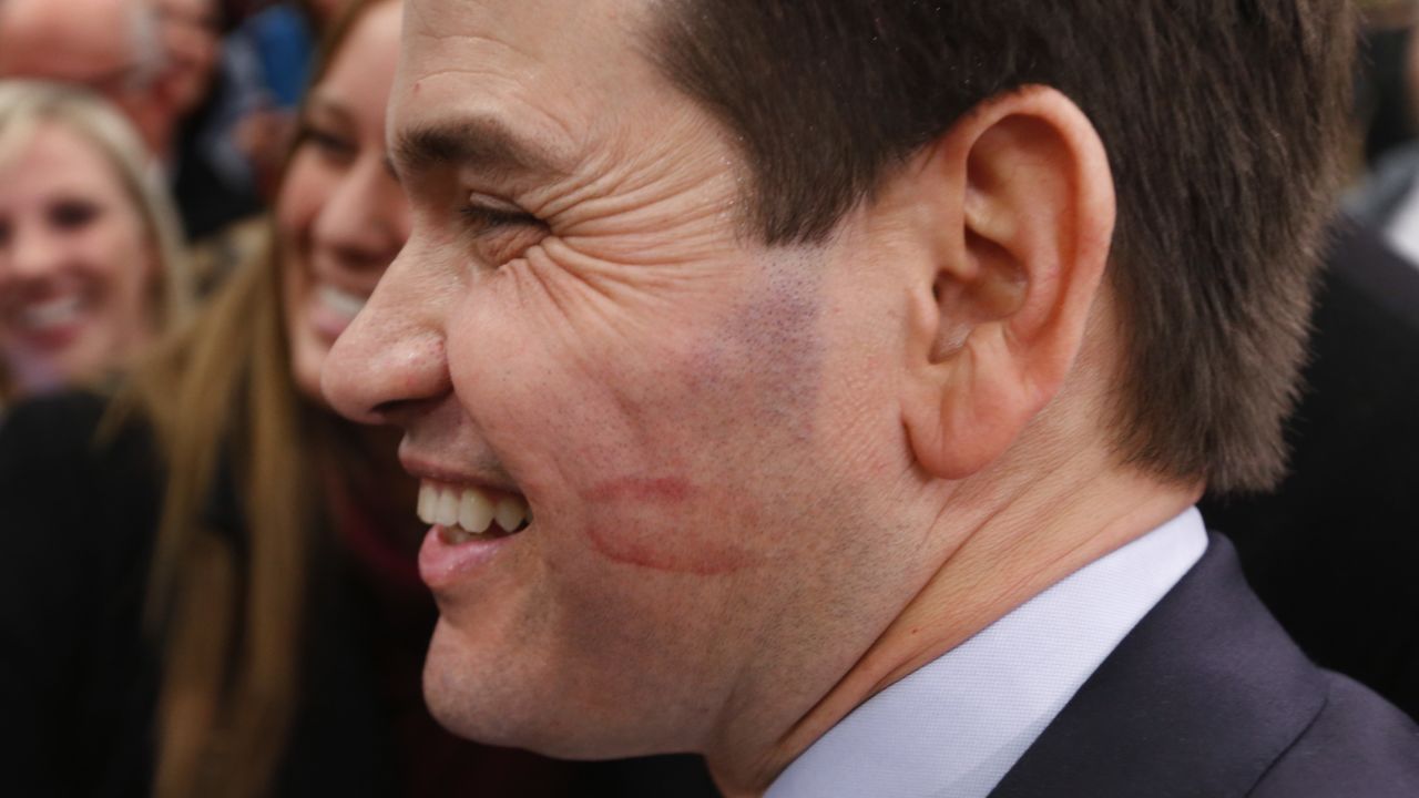 Florida Sen. Marco Rubio smiles with a lipstick mark from supporter Jan Mickelsen at a campaign rally in Idaho Falls, Idaho, on Sunday, March 6.