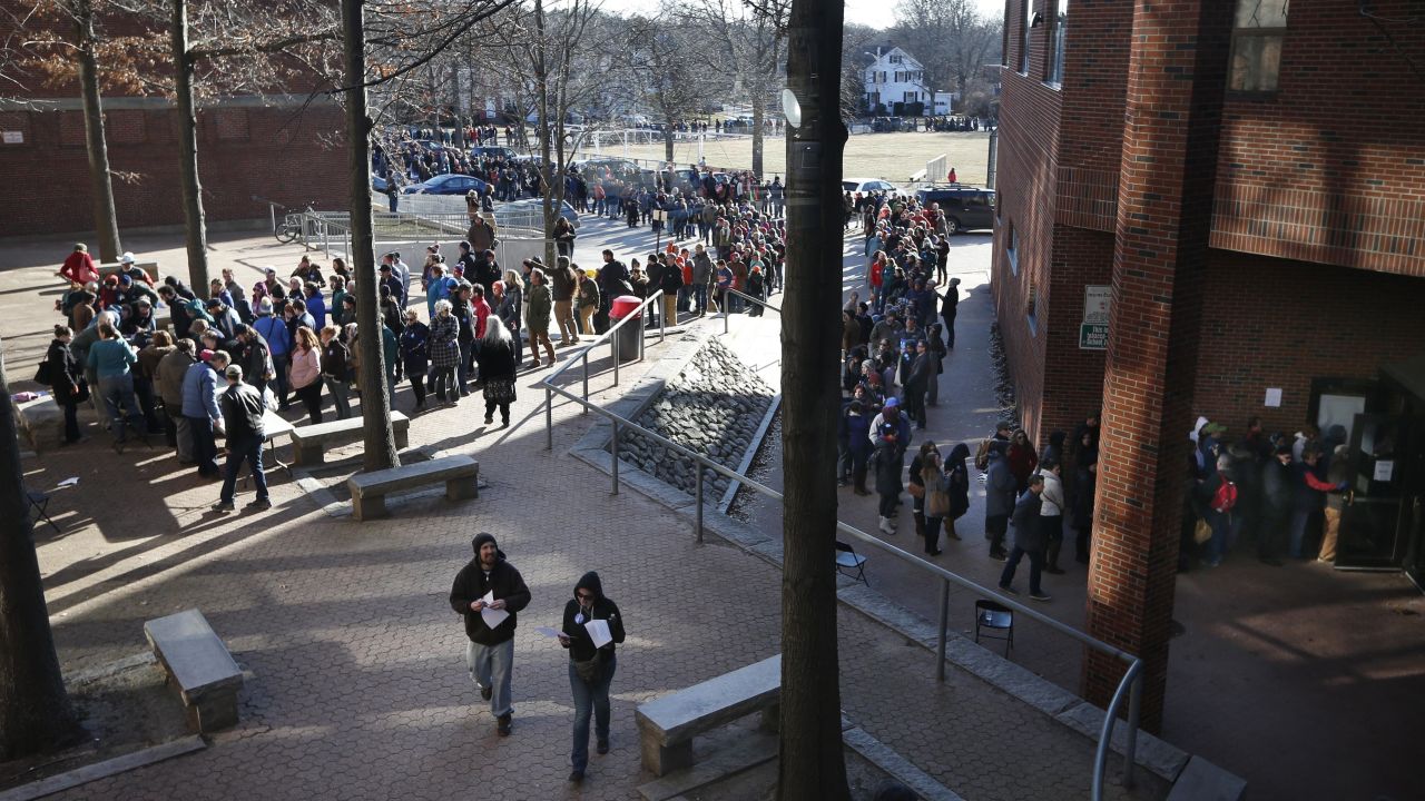 Voters, some of whom waited more than five hours, stand in a line that stretched well over one-half mile to get into a Democratic caucus location at Deering High School, on Sunday, March 6, in Portland, Maine. <a href="http://www.cnn.com/2016/03/06/politics/puerto-rico-maine-results/index.html" target="_blank">Several thousand voters</a> showed up to choose between  Hillary Clinton and Bernie Sanders.