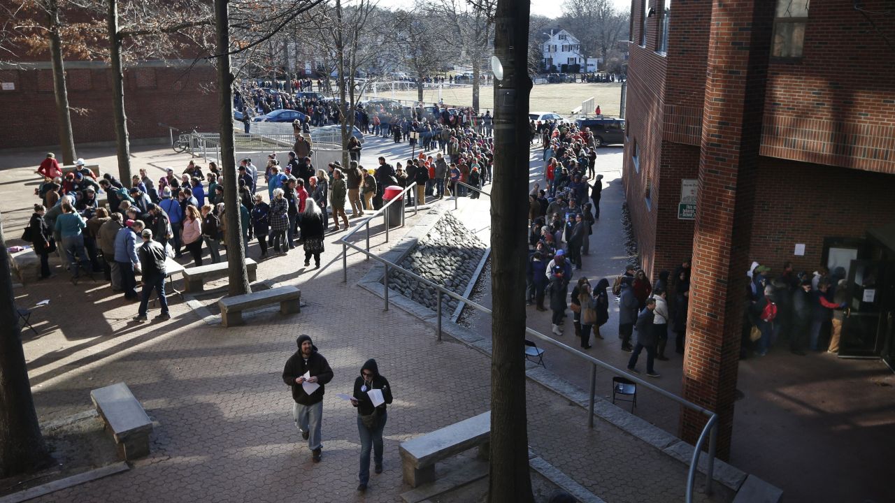 Voters, some of whom waited more than five hours, stand in a line that stretched well over one-half mile to get into a Democratic caucus location at Deering High School, on Sunday, March 6, in Portland, Maine. <a href="http://www.cnn.com/2016/03/06/politics/puerto-rico-maine-results/index.html" target="_blank">Several thousand voters</a> showed up to choose between Hillary Clinton and Bernie Sanders.