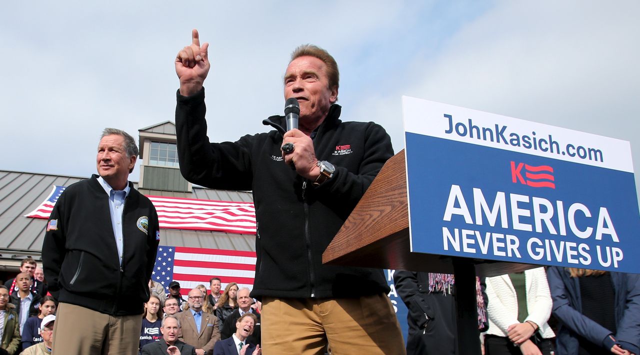 Former California governor and professional body builder Arnold Schwarzenegger speaks in support of Governor Kasich at a rally in Columbus, Ohio on March 6, 2016.