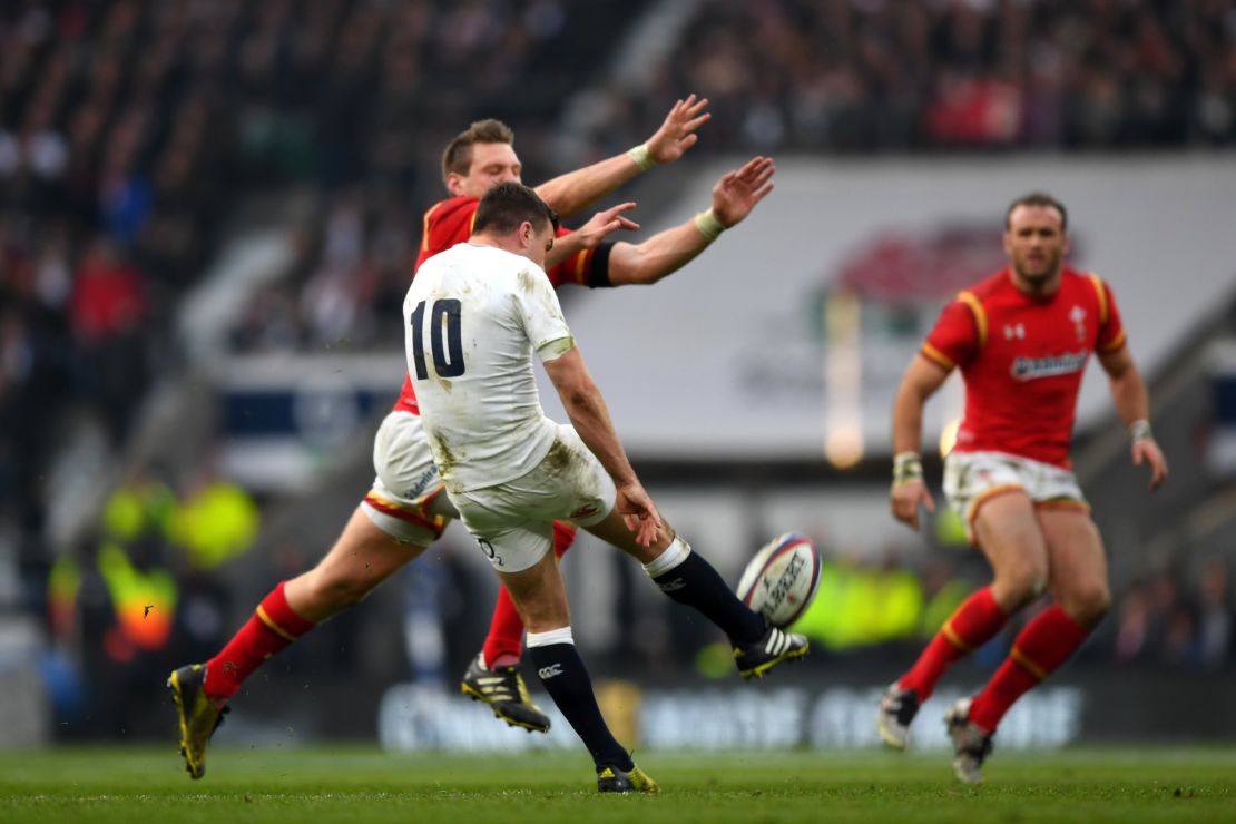 Dan Biggar of Wales charged down George Ford's kick to score under the posts.
