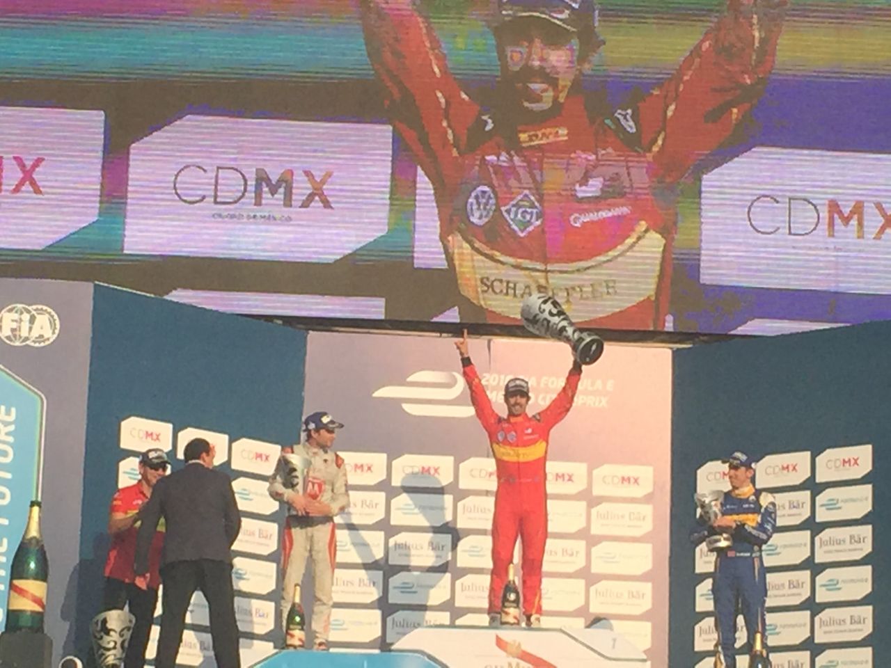 The arrival of Mexico's first Formula E race wasn't only for entertainment purposes. It was important for organizers to promote cleaner transport -- the cars are all powered by batteries and an electric motor. Lucas di Grassi (center) won the race but was disqualified later because his car was under the minimum weight.