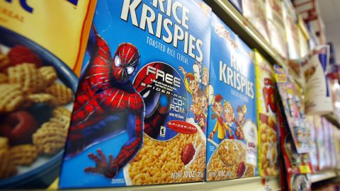 Rice Krispies boxes with a "Spider-Man" promotion sit on a shelf May 2002 in New York City.