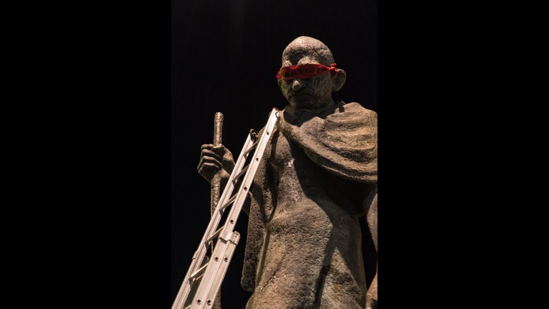 Indian civil rights and freedom movement leader Mahatma Gandhi's statue in the northeast of the city was one of the statues that was blindfolded.