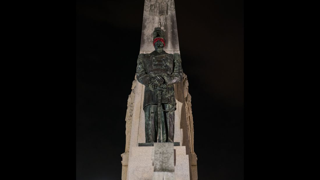 The statue of Brazilian Navy Adm. Saldanha da Gama was one of the statues blindfolded on Saturday morning. Da Gama was killed in action during one of Brazil's earliest civil war.