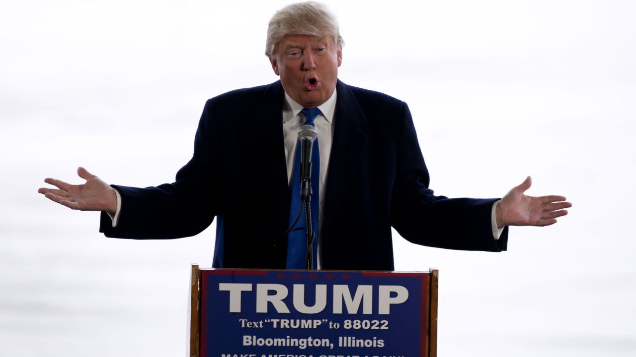 Republican Presidential candidate Donald Trump speaks at a rally at Synergy Flight Center on March 13, 2016 in Bloomington ,Illinois.