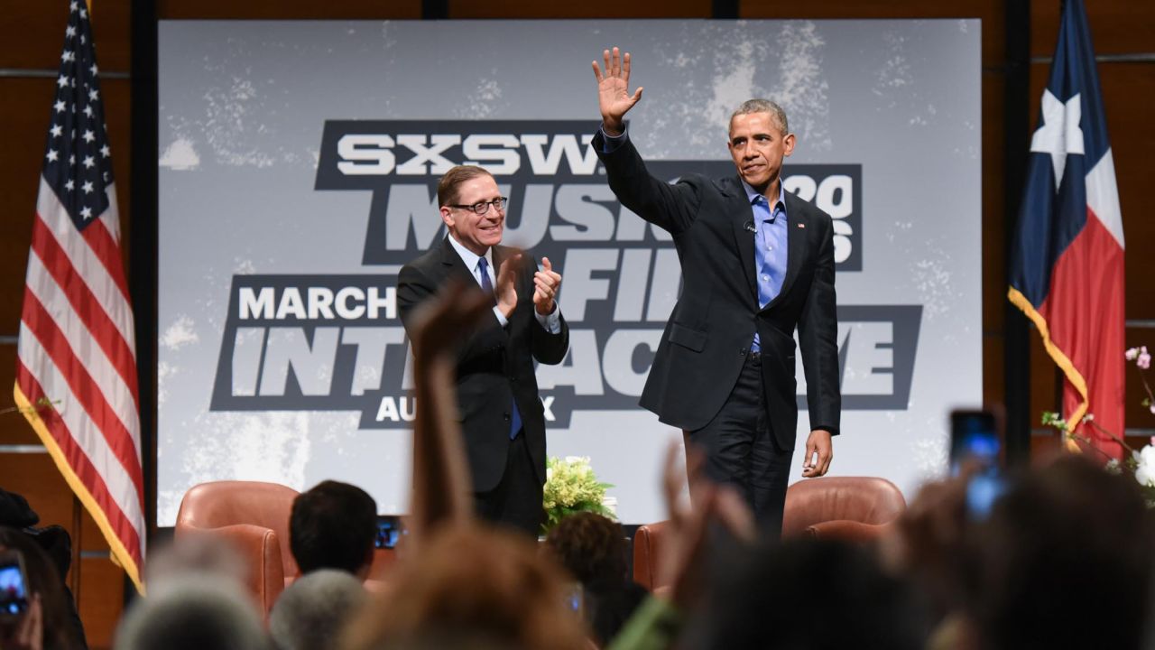 President Barack Obama waves onstage with Texas Tribune editor-in-chief Evan Smith during a keynote session at the <a href="http://money.cnn.com/2016/03/11/technology/obama-keynote-sxsw-2016/" target="_blank">2016 South by Southwest festival</a> in Austin, Texas, on Friday, March 11.