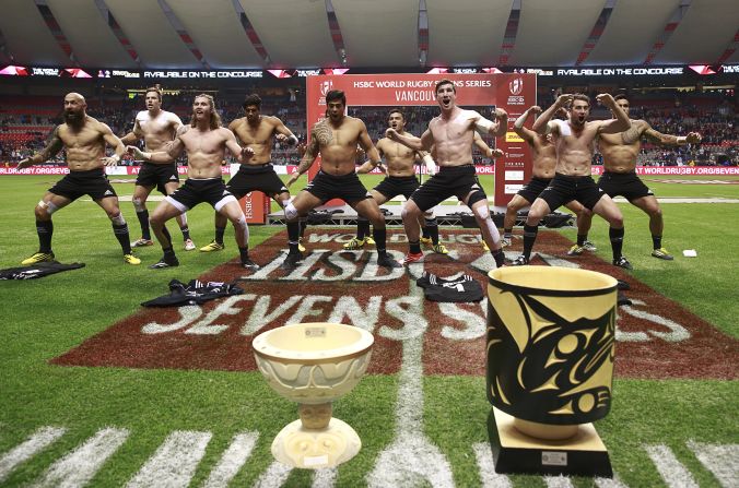New Zealand players celebrate their victory in the inaugural Canada Sevens by performing the haka.