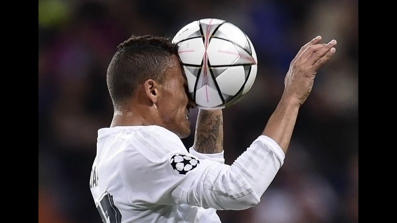 Real Madrid's Brazilian defender Danilo heads the ball during the UEFA Champions League round of 16 against A.S. Roma in Madrid on Tuesday, March 8. 