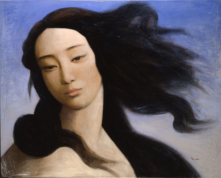 Giving Chinese characteristics to a Western painting, Yin Xin does what he does best in Venus, after Botticelli. Reducing the image to Venus' head and shoulders, the composition is nonetheless recognizable as that of Bottocelli's goddess, providing a new cultural context to a timeless beauty.