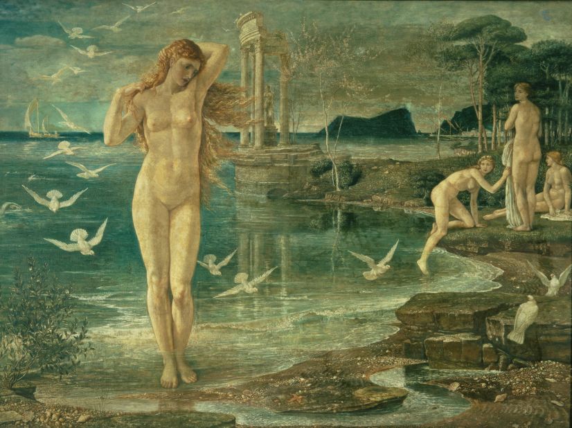 First exhibited at the Grosvenor and later purchased by fellow artist G.F. Watts, The Renaissance of Venus alludes in its title to the artist's revival of Botticelli's mythical subject. 