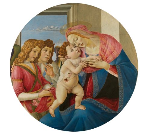 Botticelli's elaborate composition is in the tondo style, a Florentine format of painting intended for home display. The Victoria and Albert Museum believe this work to be an accurate autograph copy of a lost original.