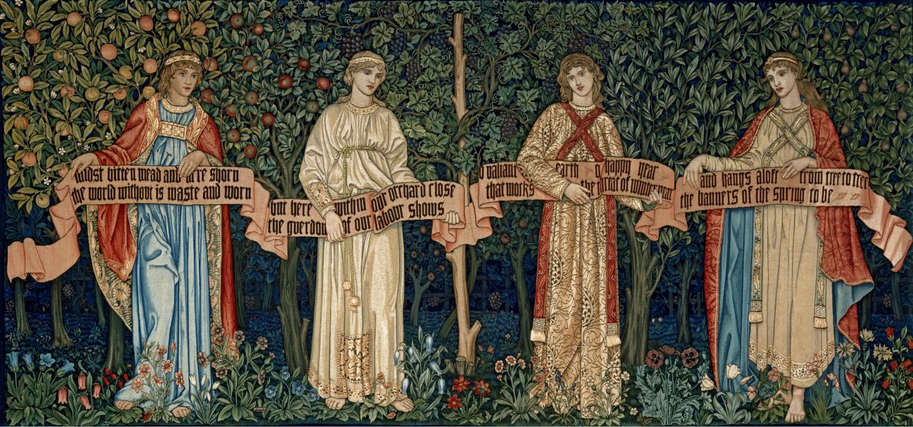 Representing the four seasons in four allegorical women, Morris' tapestry starts in winter on the left, ending with spring on the right. Among the bluebells, tulips and daffodils, the figures, reminiscent of the tall elegant women in Botticelli's Primavera, hold a scroll bearing the words of "The Orchard," a poem penned by the artist.