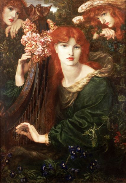 Once described by Rossetti is "the greenest picture in the world," La Ghirlandata is one of several three-quarter-length paintings by the artist of women making music. Painted at Kelmscott Manor, some believe Morris' eleven-year-old daughter May posed for the angels pictured in the top corners, a similar trope to that seen in Botticelli's workshop tondo Virgin and Child.
