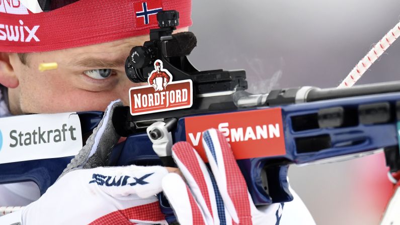 Tarjei Boe of Norway wins the gold medal during the IBU Biathlon World Championships Men's Relay on Saturday, March 12, in Oslo, Norway. 