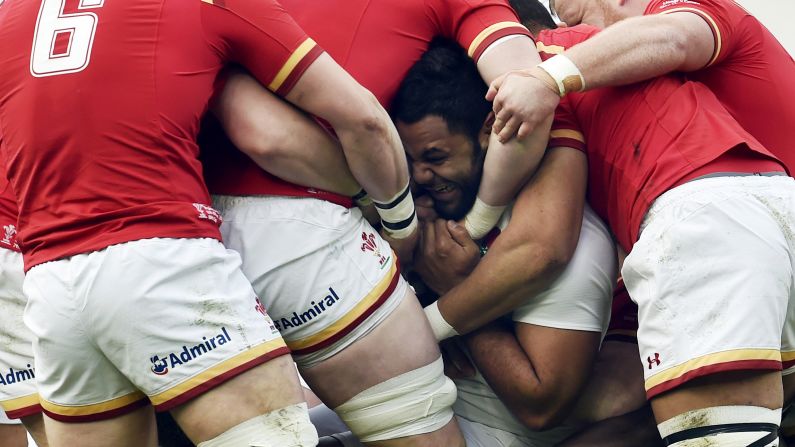 England's Billy Vunipola, center, in action during a rugby match between England and Wales on Saturday, March 12 in London. 