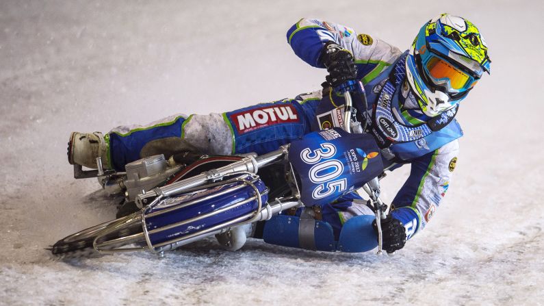 Riders test the ice ahead of the Ice Speedway World Championships on Friday, March 11, in Assen, Netherlands. 
