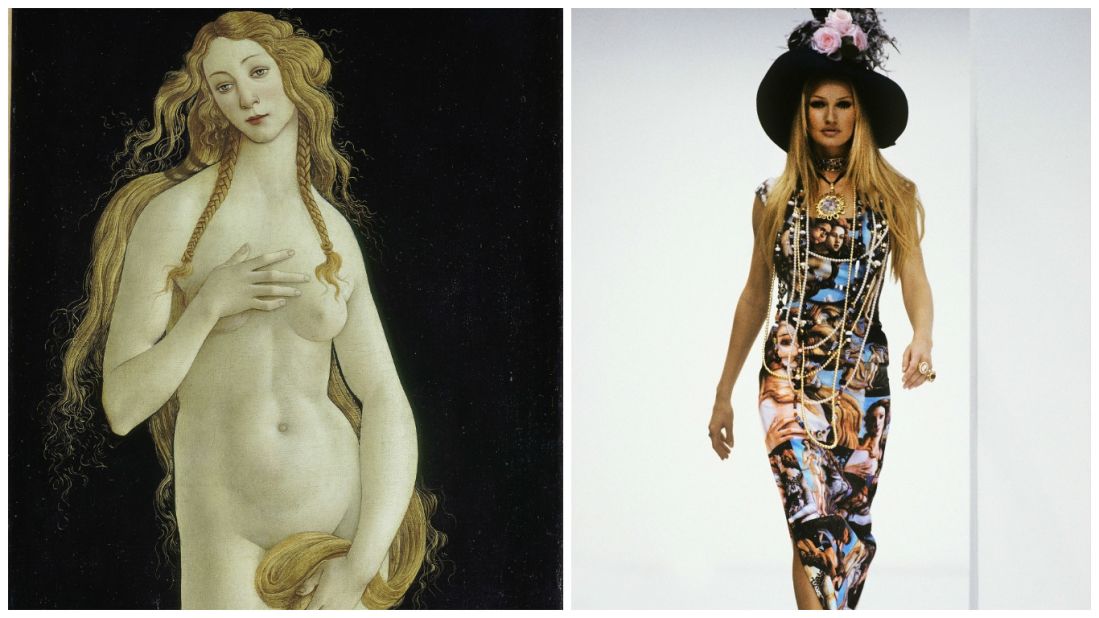 The Birth of Venus was revived in a typically extravagant Dolce & Gabbana print in the early '90s, worn here on the catwalk by Karen Mulder. Two decades later it would sit on the shoulders of Lady Gaga whilst promoting her album "Artpop" in 2013.