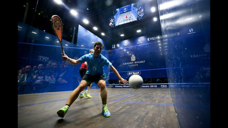 Mathieu Castagnet of France plays a forehand during his quarter-final match against James Willstrop of Great Britain during day three of the Canary Wharf Squash Classic 2016 on Wednesday, March 9, in London. 