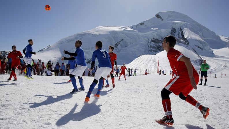 Amateur soccer players from Switzerland play against Italy during the Euro 2016 of the Mountain Villages soccer tournament on the Allalin glacier in Saas-Fee, Switzerland, on Saturday, March 12. <a href="http://www.cnn.com/2016/03/08/sport/gallery/what-a-shot-sports-0308/index.html" target="_blank">Check out 31 sports moments from last week</a>