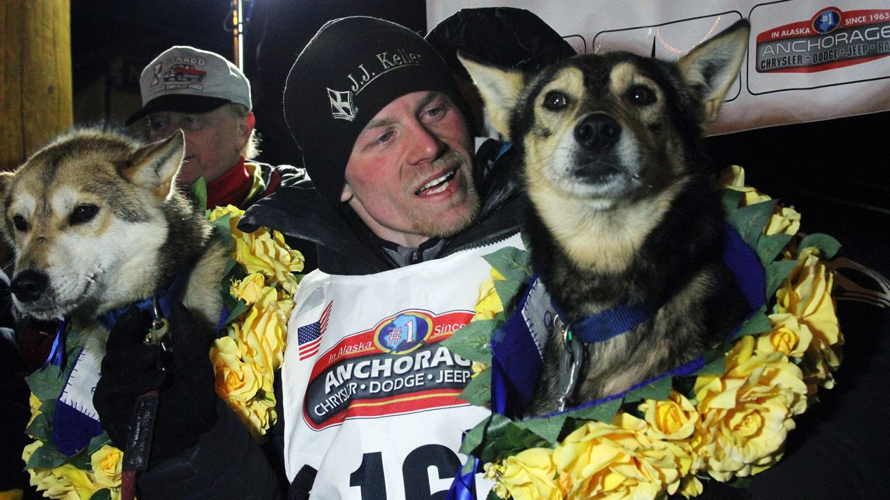 Dallas Seavey with his lead dogs Reef, left, and Tide. 