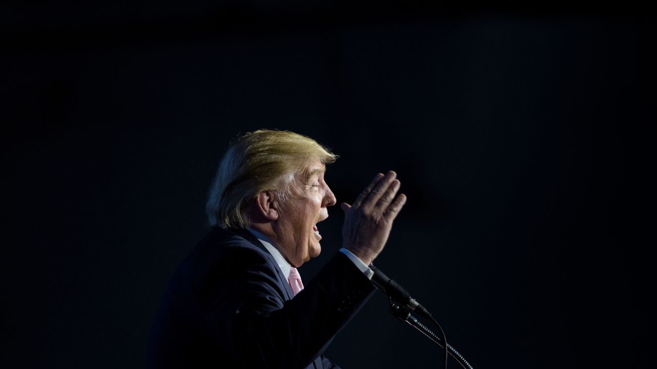 US Republican presidential hopeful Donald Trump addresses a rally on March 14, 2016 in Vienna Center, Ohio.
The six remaining White House hopefuls made a frantic push for votes March 14, 2016 on the eve of make-or-break nominating contests, with Donald Trump's Republican rivals desperate to bar his path after a weekend of violence on the campaign trail. / AFP / Brendan Smialowski        (Photo credit should read BRENDAN SMIALOWSKI/AFP/Getty Images)