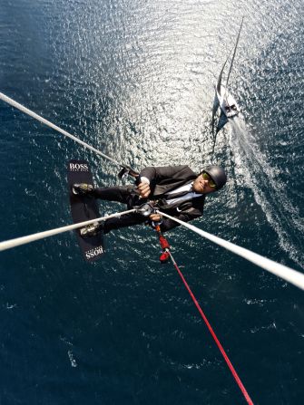 At peak height, Thomson detaches the rope from his harness, freeing him to kitesurf...