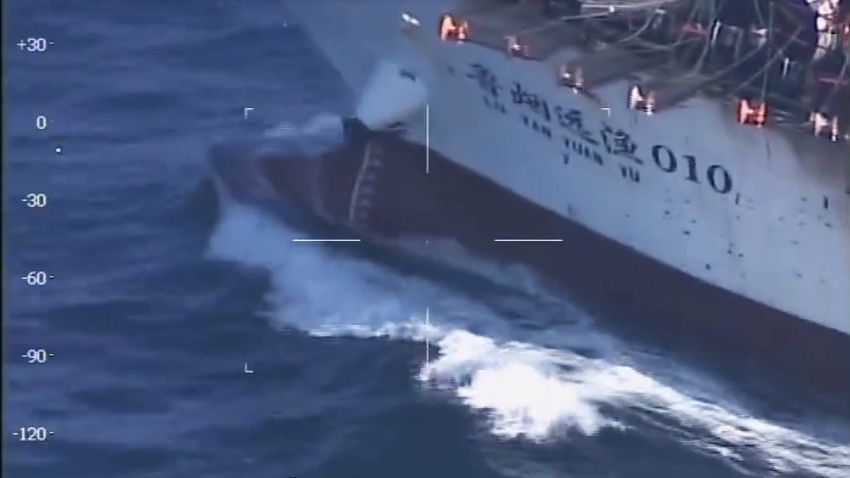 Handout screen grab from a video posted in Prefectura Naval's website on March 15, 2016 showing the prow of Chinese  fishing boat Lu Yan Yuan Yu 010, sank by their coast guard vessel GC-28 Prefecto Derbes while she was illegally fishing in Argentine territorial waters off Puerto Madryn,  1,300 kilometers (800 miles) south of Buenos Aires. The boat's crew were all rescued alive, police said in a statement.