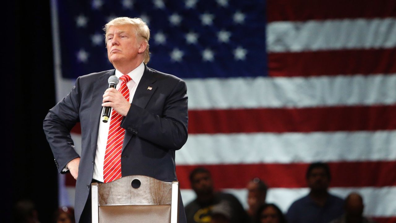 TAMPA, FL - MARCH 14: Republican presidential candidate Donald Trump speaks to supporters during a town hall meeting on March 14, 2016 at the Tampa Convention Center in Tampa , Florida. Trump is campaigning ahead of the Florida primary on March 15. (Photo by Brian Blanco/Getty Images)