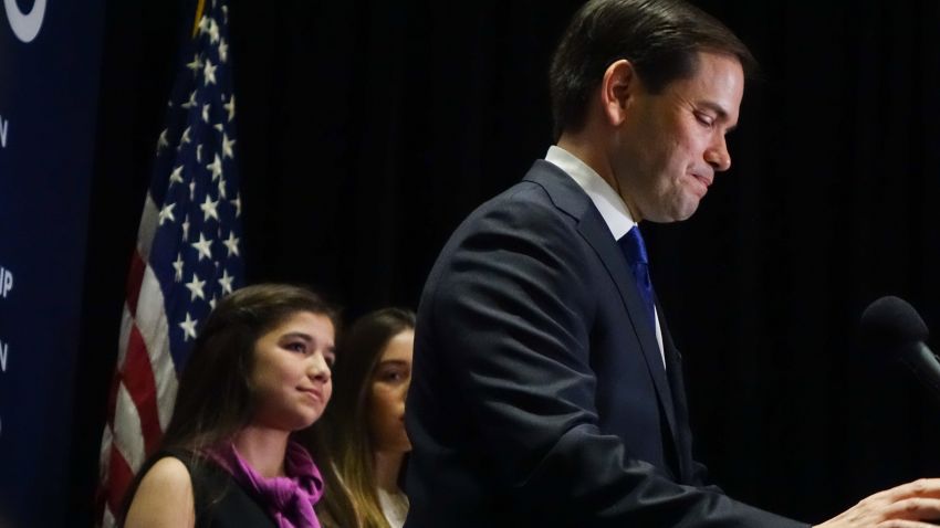 Marco Rubio, flanked by his family, speaks at a primary night rally on March 15, 2016, in Miami.