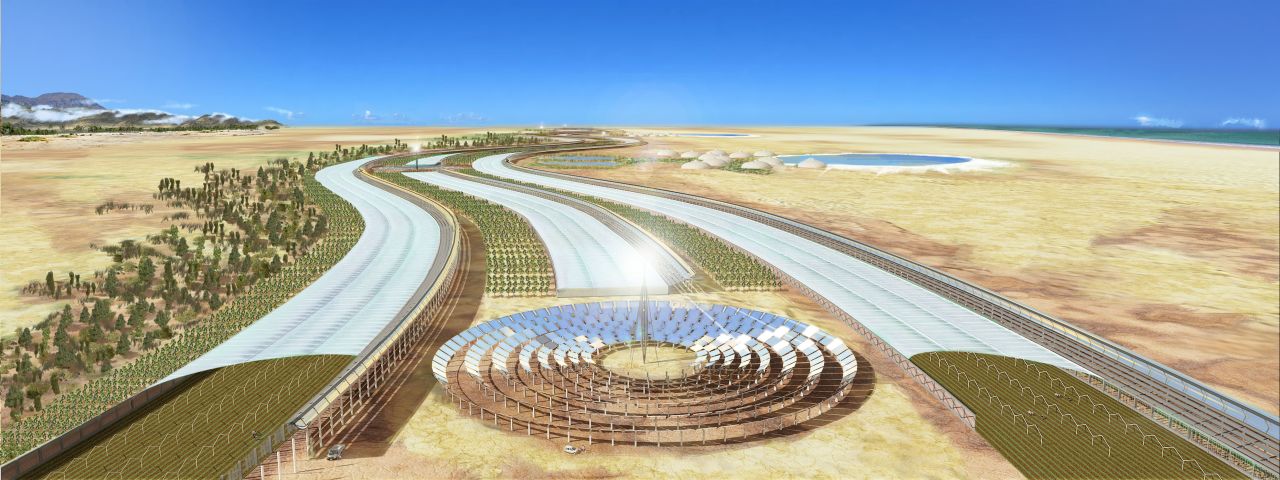 The Sahara Forest Project is a planned $30 million, high-tech agricultural facility in Tunisia that aims to deliver produce, jobs, and re-vegetate the desert. The facility, imagined here in an artist's impression, is expected to start operating by 2018. 