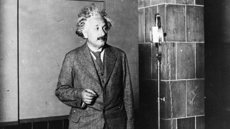 Einstein speaks to inventor Thomas Edison during a radio broadcast in 1920. It was heard by 50 million people.