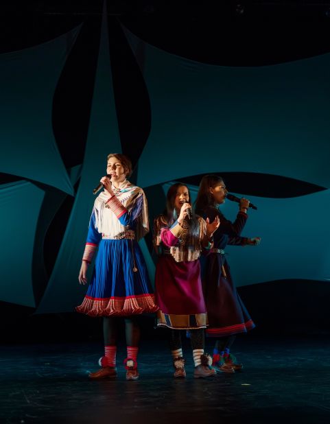Left-right: Ella Marie Haetta Isaksen, Hilda Lansman and Katarina Barrok perform a traditional Sami yoik song.