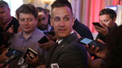 Corey Lewandowski  speaks with the media before former presidential candidate Ben Carson gives his endorsement to Trump at the Mar-A-Lago Club on March 11, 2016 in Palm Beach, Florida.