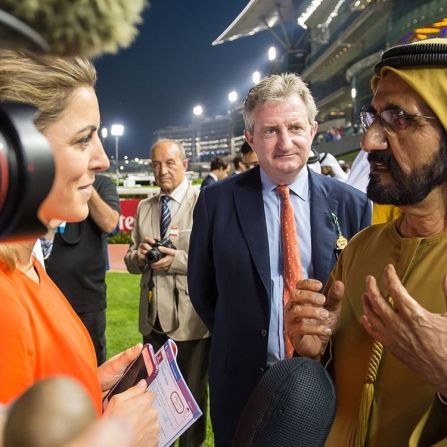 Interviewing Sheikh Mohammed at Dubai's Meydan Racecourse on "Super Saturday." The meet in early March allows owners and trainers to put the finishing touches to their preparations for the prestigious Dubai World Cup which is traditionally run on the final Saturday of March. 