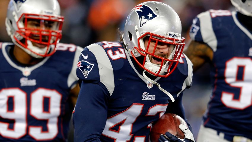 FOXBORO, MA - NOVEMBER 24:  Defensive back Nate Ebner #43 of the New England Patriots recovers a loose punt in the fourth quarter against the Denver Broncos during a game at Gillette Stadium on November 24, 2013 in Foxboro, Massachusetts.  (Photo by Jim Rogash/Getty Images)