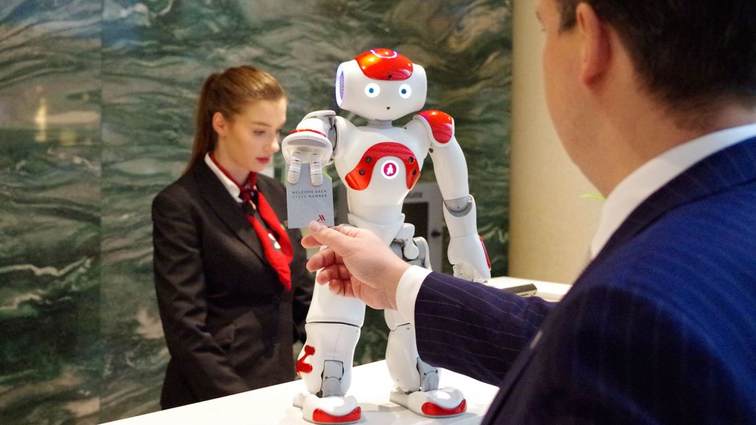 Mario helps welcome guests to the Ghent Marriott in Belgium. He speaks multiple languages and -- unlike humans -- can make PowerPoint presentations interesting.