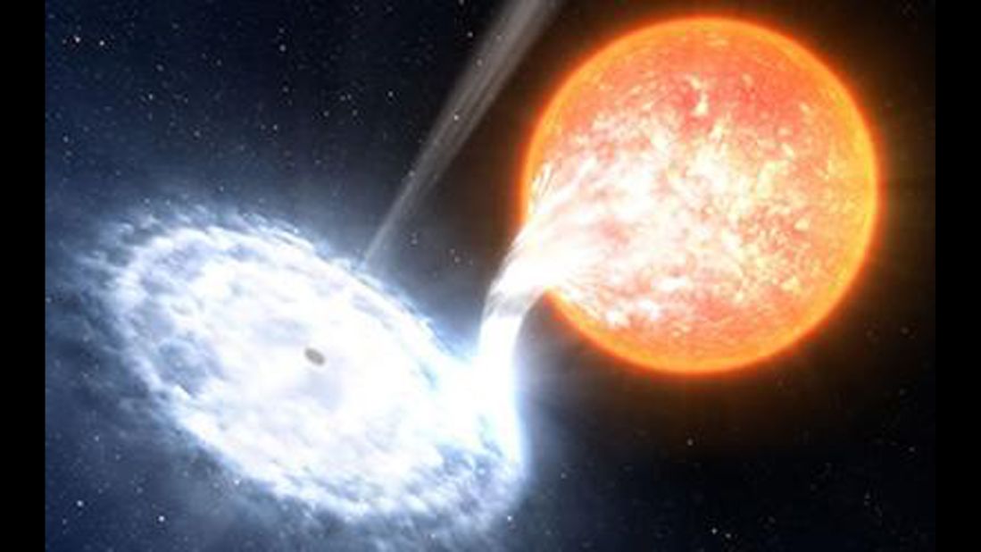 In March 2016, astronomers published a paper on powerful red flashes coming from binary system V404 Cygni in 2015.  This illustration shows a black hole, similar to the one in V404 Cygni, devouring material from an orbiting star. 
