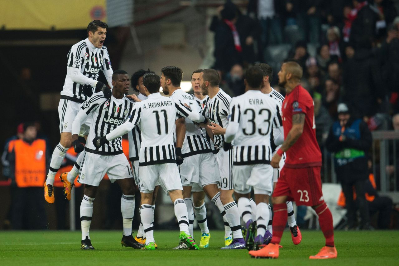 Juventus celebrate Paul Pogba's early goal. Having trailed 2-0 at one point in the first leg, the Italians were leading 4-2 midway through the second half of the second leg. 