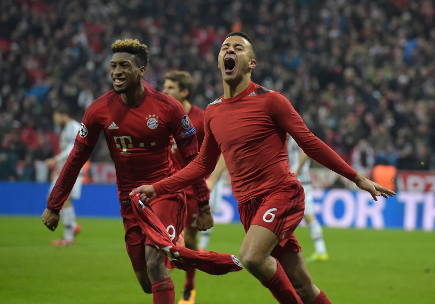 Kingsley Coman and Thiago celebrate after the latter gives Bayern the lead in extra-time -- the first time they had been ahead all night. 