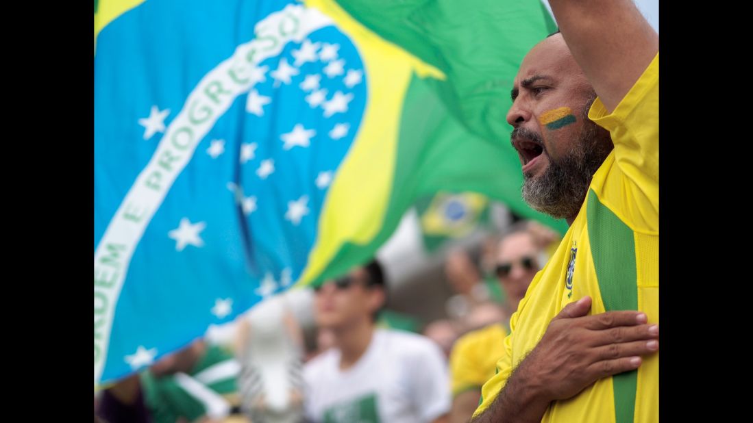 A demonstrator protests in Manaus on March 13.