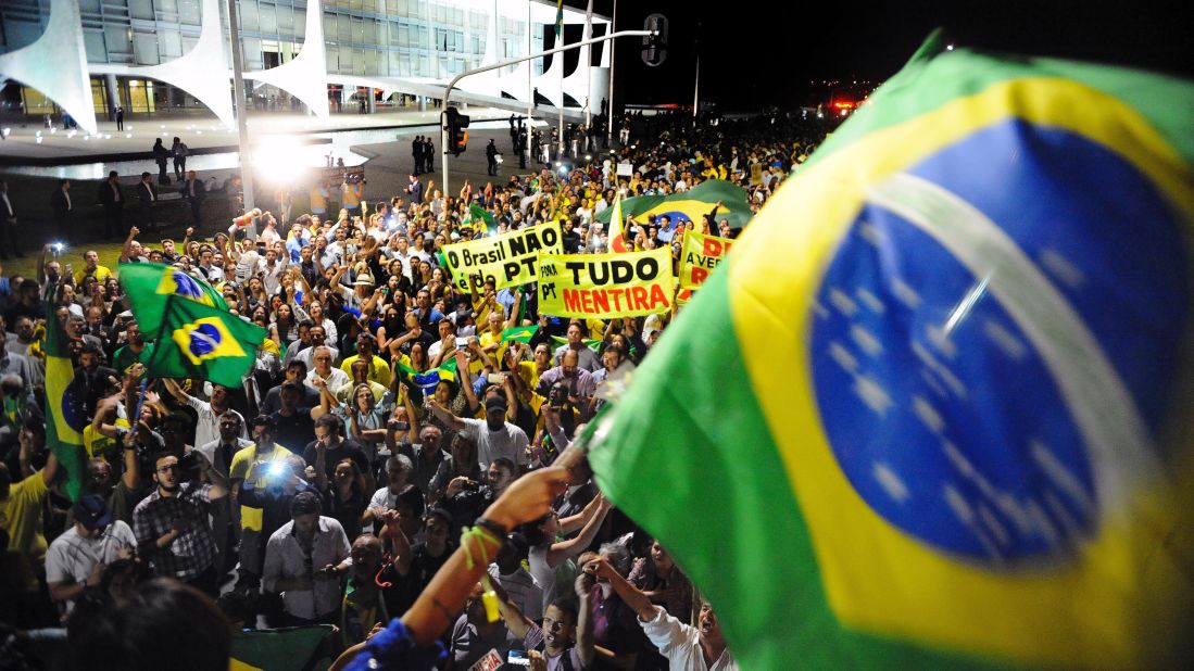 Demonstrators protest in Brasilia on March 16.