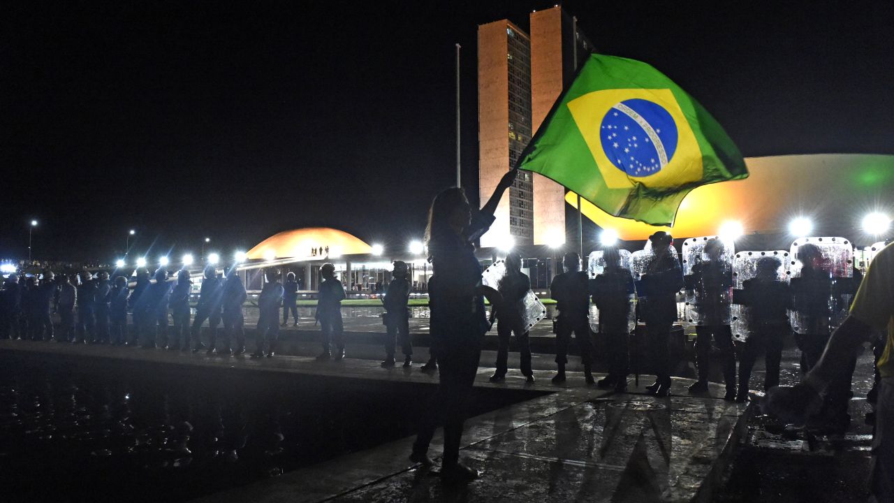 A woman waves a Brazilian national flag in front of a line of riot policemen in Brasilia on March 16.