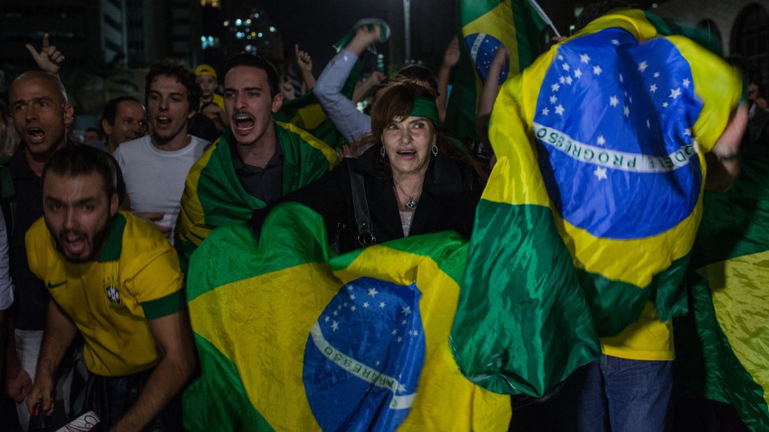 Demonstrators protest in Sao Paulo on March 16.