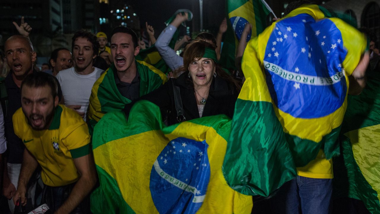 Demonstrators protest in Sao Paulo on March 16.