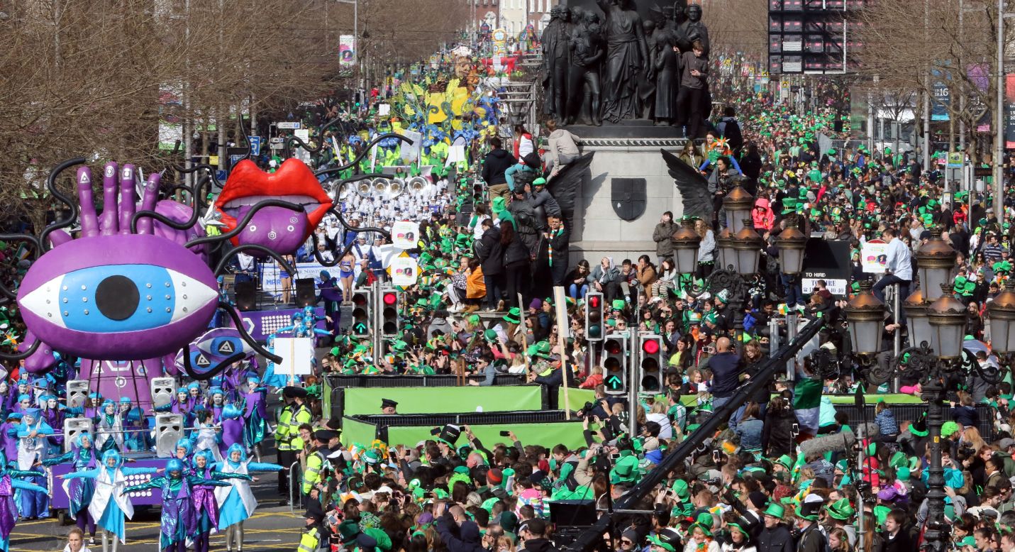 A St. Patrick's Day parade makes its way through Dublin, Ireland.